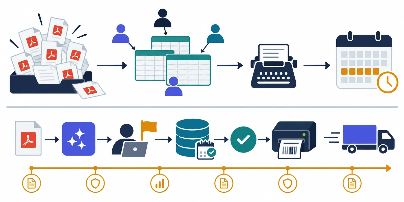 Shipment and invoice flow: shared inbox and spreadsheets before; extraction, validation, approvals and audit history after