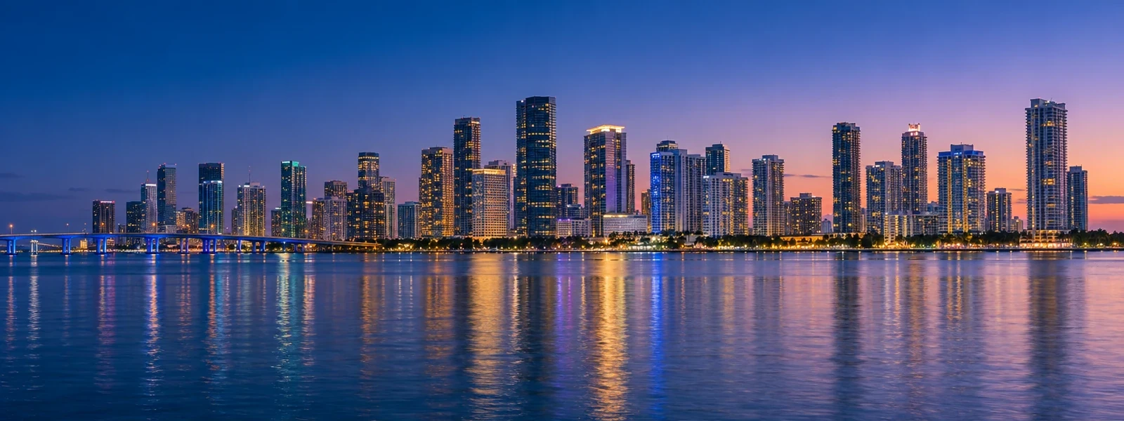 Miami skyline at dusk over Biscayne Bay